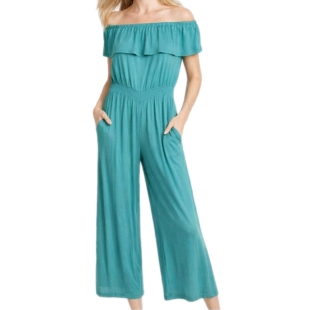 BOBI Los Angeles Turquoise off shoulder wide leg ruffle jumper size Med